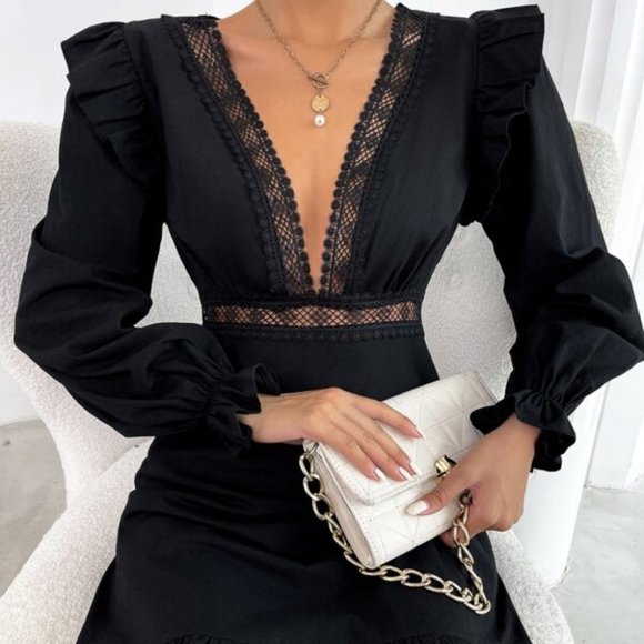 Black Plunging Neckline Lace Ruffle Sleeve Mini Dress - Picture 12 of 13